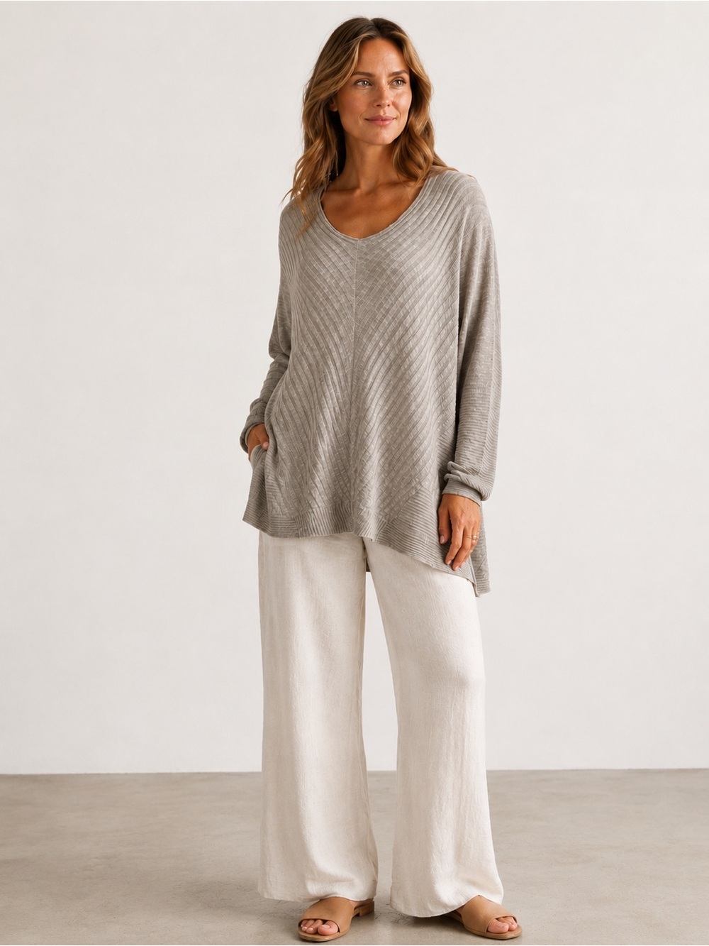 Eileen Fisher Organic Linen Cotton Tunic Sweater Oversized Gray Ribbed Size M